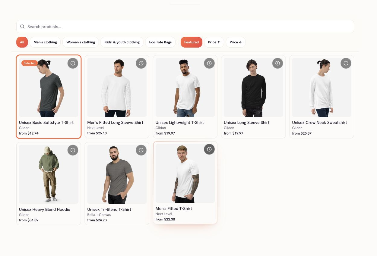 Inkdrop product picker showing apparel categories and product cards